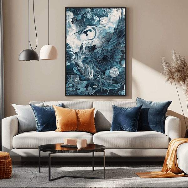 Japandi mystical crane art displayed in a stylish living room. The cool blue tones of the artwork contrast with the warm beige sofa and orange and blue cushions, creating a balanced and inviting atmosphere