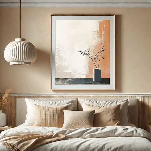 This calming bedroom features Japanese minimalist Wall Art above a cozy bed with beige linens. The soft color palette and minimalist design complement the space's serene and relaxing environment.