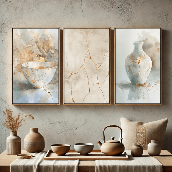 A three-piece Wabi Sabi art set is displayed in a modern dining room. Each piece highlights the beauty of imperfections with cracks and gold accents in calming earthy tones, bringing elegance and balance to the space.