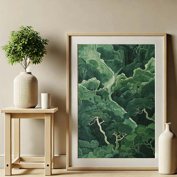 Japandi Forest Decor frames a green forest leaning on a wall in a modern room. Natural elements like potted plants and soft decor accent the piece for a peaceful vibe.