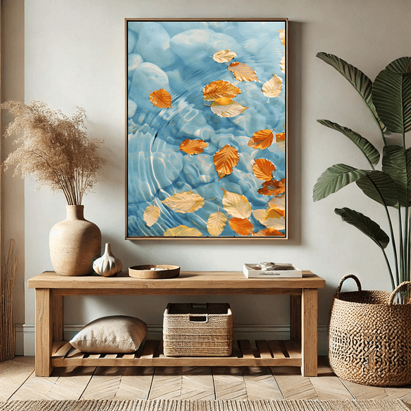 Floating autumn leaves in shades of gold and light brown drift across calm water. The scene is placed above a natural wood bench in a Japandi-style entryway, with woven baskets and soft, neutral accents. Japandi wall art autumn.