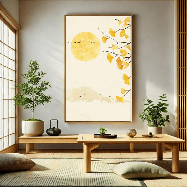 Japandi Ginkgo Art Autumn is displayed above a low wooden table with plants in a minimalist Japanese-style room. The artwork's soft golden sun and ginkgo leaves match the calming tones of the tatami mat and natural decor, evoking peace and balance.