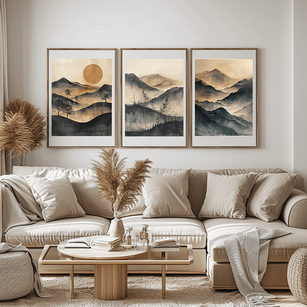 Three minimalist Japanese landscape prints in vertical frames hang in a living room with neutral tones and pampas grass. The prints feature misty mountains in soft blue and beige hues.