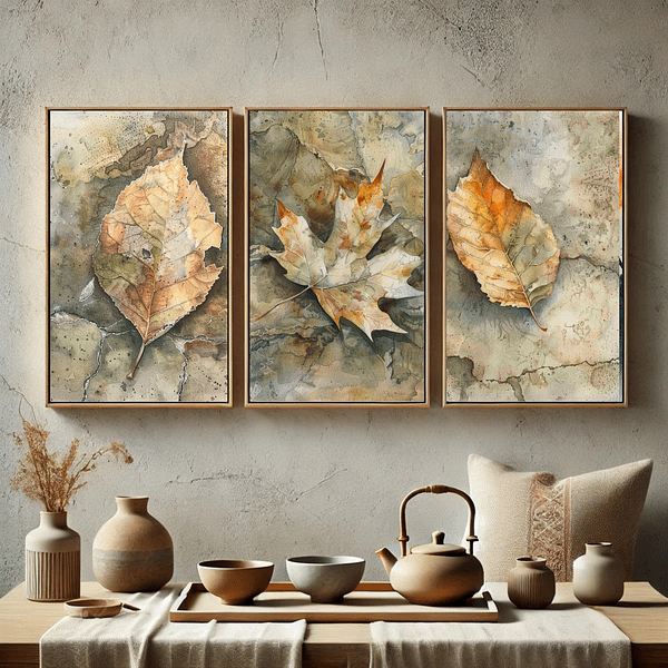 A nature-inspired living room featuring two wabi-sabi leaf art prints. The artwork's soft browns and earthy greens blend harmoniously with the surrounding indoor plants and neutral-colored furniture.