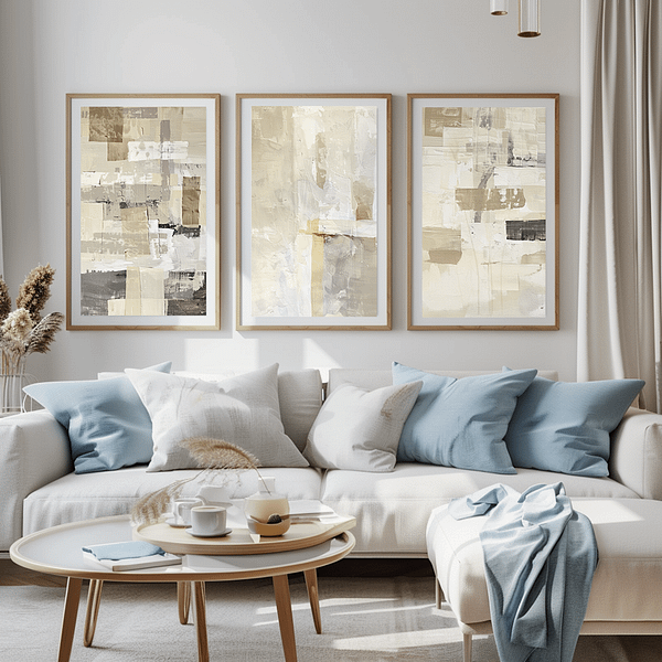 Three framed Minimalist Japanese Digital Wall Art pieces hang above a white sofa in a bright living room. The art's neutral palette of beige, cream, and subtle gray tones enhances the serene, minimalist vibe. Soft blue cushions and natural wooden decor create a balanced, inviting space. Perfect for adding a calm, Japanese-inspired touch to the home.