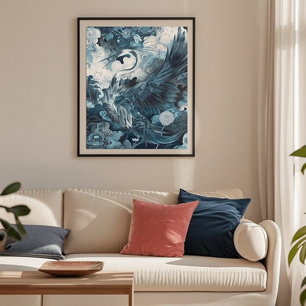 Japandi mystical crane artwork framed above a cream sofa in a bright living space. The natural light from the large windows highlights the cool blue tones, creating a serene focal point in the room.