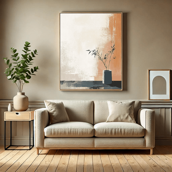 A minimalist living room featuring Japanese minimalist Wall Art hung above a neutral-toned sofa. The artwork's earthy tones and simple design blend seamlessly with the wooden flooring and natural decor.