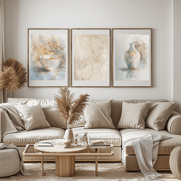 Three Wabi Sabi art pieces—a cracked vase, teacup, and wall—hang in a minimalist living room. Neutral tones and golden details create a peaceful, serene atmosphere perfect for a calm space.