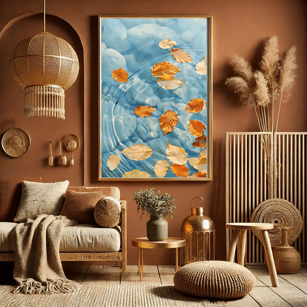 Autumn leaves float gently on blue rippling water, bringing warmth to a cozy Japandi-style living room with earthy tones, woven textures, and natural lighting. A soft harmony of neutral and organic decor surrounds the artwork. Japandi wall art autumn.