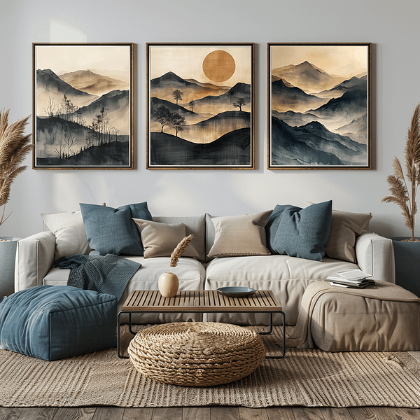 Three vertical Japanese landscape prints in a modern living room. Soft tones of blue and beige create a calming atmosphere, and natural decor elements like pillows and pampas grass add to the ambiance.