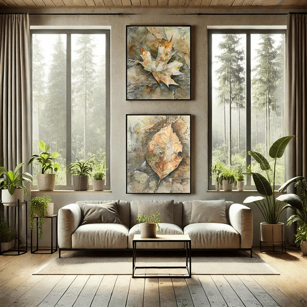 A cozy, modern living room with three wabi-sabi leaf art pieces in white frames above a soft beige sofa. The autumn-colored leaf prints blend with the light, calming decor.