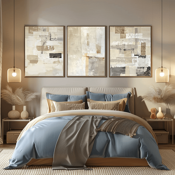 A tranquil bedroom with a neutral palette is brought to life with a set of three Minimalist Japanese Digital Wall Art pieces above the bed. The artwork features abstract shapes in beige, cream, and soft earth tones. The soft lighting and natural wood furnishings complement the serene, calming atmosphere, perfect for a peaceful sleep space.