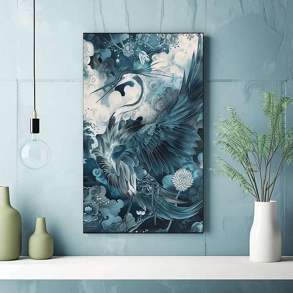 Japandi mystical crane art in a vertical frame against a muted blue wall. The shelf with soft green and blue vases complements the cool tones of the artwork, creating a calming, modern hallway atmosphere.