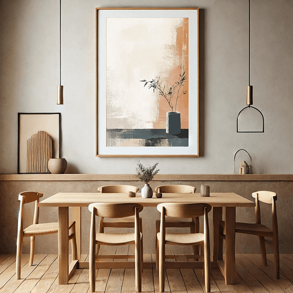 A modern dining room with wooden furniture and soft lighting showcasing Japanese minimalist Wall Art. The terracotta and beige tones of the artwork match the earthy and organic feel of the space, creating a tranquil setting.