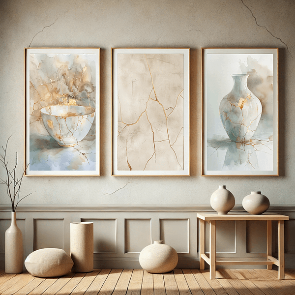 This is a three-piece Wabi Sabi wall art set with a cracked vase, Kintsugi teacup, and textured wall. Soft earthy tones with gold accents create a serene atmosphere in this neutral-toned interior.