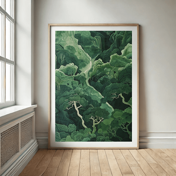 Japandi Forest Decor with a green forest landscape in a light wood frame, placed in a minimalist room with natural wood furniture and soft, neutral accents.