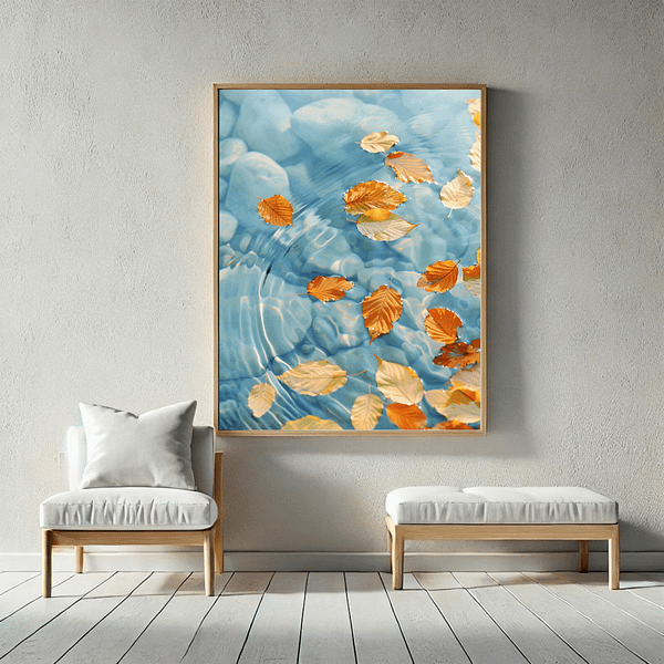 Serene autumn leaves, golden and pale orange, gently float on calm blue water. The scene is displayed in a minimalist room with white furniture and soft lighting, creating a peaceful atmosphere. Japandi wall art autumn.