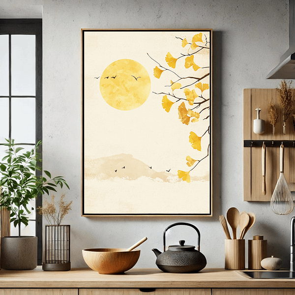 Japandi Ginkgo Art Autumn is displayed in a minimalist kitchen with natural wood accents. The warm golden tones of the ginkgo leaves complement the earthy decor, including wooden bowls and plants, creating a serene, peaceful cooking space.