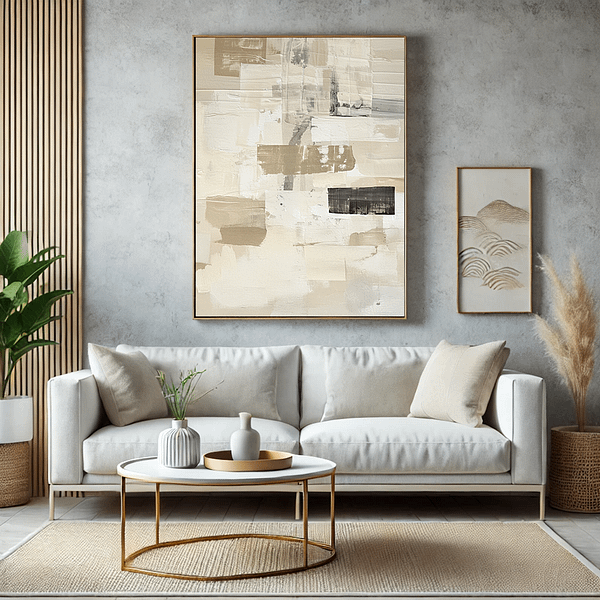 A Minimalist Japanese Digital Wall Art piece featuring abstract neutral tones in beige, cream, and subtle dark accents hangs above a sleek white sofa in a modern living room. The earthy tones of the art piece complement the muted decor, with a simple coffee table and plant decor adding warmth to the serene space.