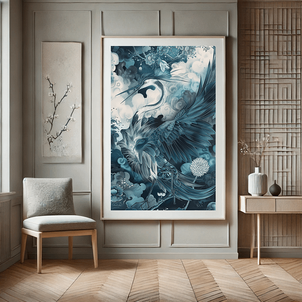 Japandi mystical crane artwork framed in a minimalist room with natural wood accents and soft lighting. The cool blue tones and neutral decor enhance the peaceful, serene atmosphere.