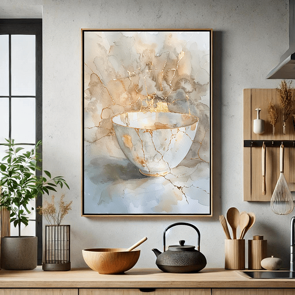 This is a Wabi-Sabi wall art piece featuring a Kintsugi teacup. Soft earthy tones and golden cracks bring warmth and elegance to a cozy kitchen, blending imperfection with style in this functional space.