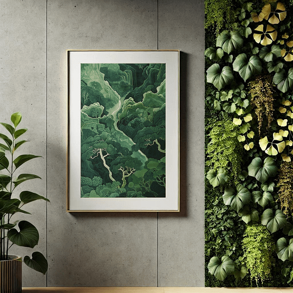 This Japandi Forest Decor print is in a light wood frame and set against a neutral wall. Soft lighting and minimal decor, like a potted plant, create a soothing atmosphere.