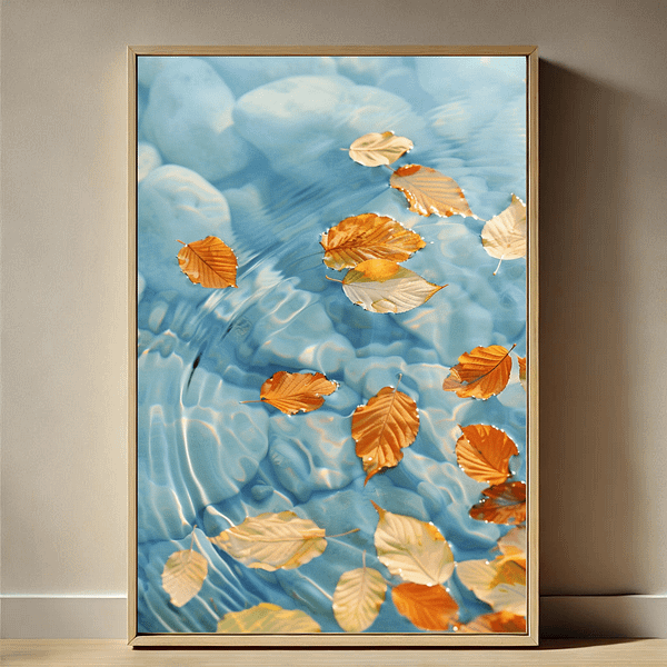 Soft golden leaves float across a tranquil blue water scene, framed beautifully in a warm-toned kitchen with neutral cabinetry and soft lighting. The artwork adds serenity to the earthy space. Japandi wall art autumn.