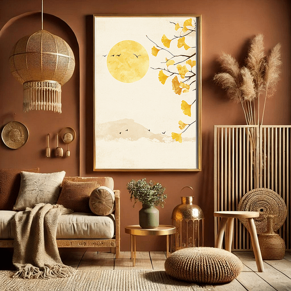 Japandi Ginkgo Art Autumn hangs in a warm, earthy-toned boho living room. The soft gold of the sun and ginkgo leaves complement the natural wicker decor and rich terracotta walls, creating a peaceful, harmonious living space.