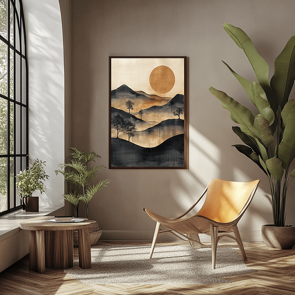 This minimalist Japanese landscape print features a golden sun and misty mountains in beige and black tones. It is set in a sunlit room with wooden furniture and natural elements.