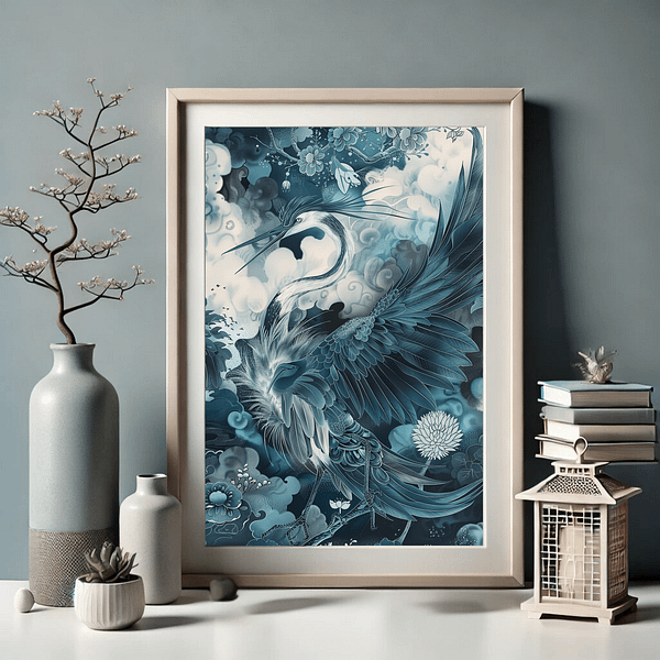 Japandi mystical crane art in a serene living room with a beige sofa and neutral decor. The cool blue tones of the artwork subtly contrast with the soft cream and grey surroundings, creating a harmonious space.