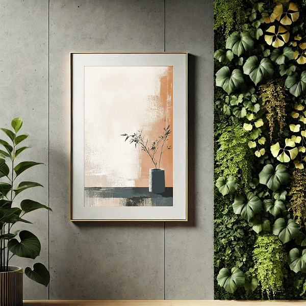 A framed Japanese minimalist Wall Art hanging on a modern concrete wall beside a lush vertical plant wall. The artwork's natural tones and plant motif create harmony with the greenery, offering a relaxing and organic vibe.