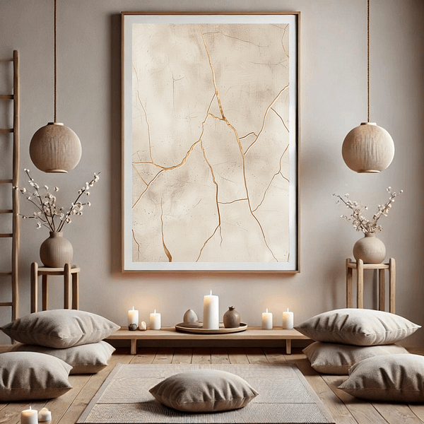 Three Wabi Sabi art pieces—a cracked vase, Kintsugi-style teacup, and textured wall—decorate a calming meditation space. Neutral colors with golden accents enhance the peaceful, minimalistic atmosphere.