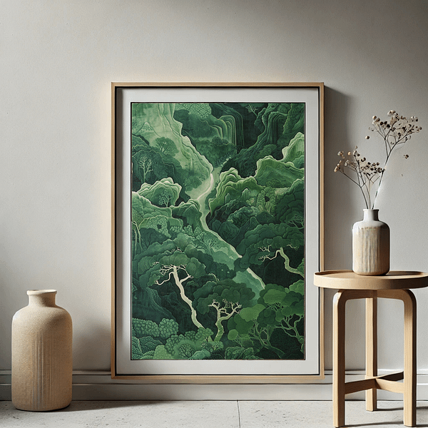 Japandi Forest Decor framed green landscape in a modern room with neutral tones and elegant decor, creating a refined, calming atmosphere.