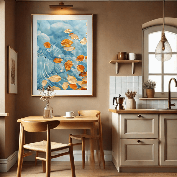 Golden autumn leaves drift on soft blue water, creating peaceful ripples. The artwork is displayed in a minimalist seating area with white walls and light wood furniture, offering a serene, Japandi-style atmosphere. Japandi wall art autumn.