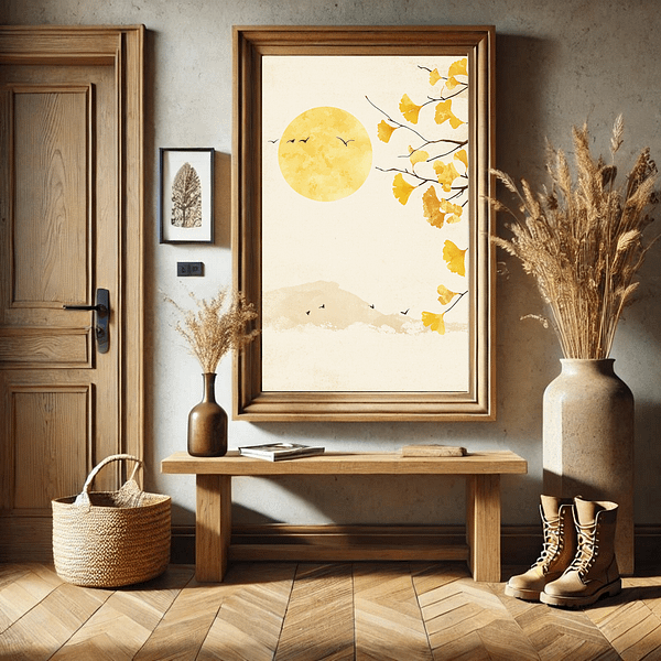 Japandi Ginkgo Art Autumn is displayed in a rustic entryway with wooden furniture and a vase of dried plants. The picture's golden ginkgo leaves and serene sun blend beautifully with the natural wood and soft beige tones of the room, welcoming a sense of calm.