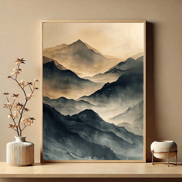 This minimalist Japanese landscape print features foggy mountains in soft beige and blue tones. It is displayed on a simple shelf with a decorative plant, creating a peaceful ambiance.