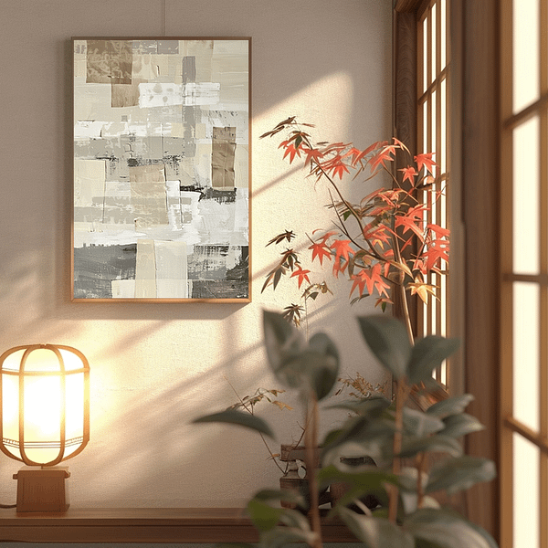 A minimalist, Japanese-inspired corner featuring a Minimalist Japanese Digital Wall Art piece with soft, neutral beige and cream tones. The abstract design is paired with natural light and a wooden chair, creating a zen-like atmosphere. A potted plant and simple wooden table add to the calming, nature-inspired vibe of the space.