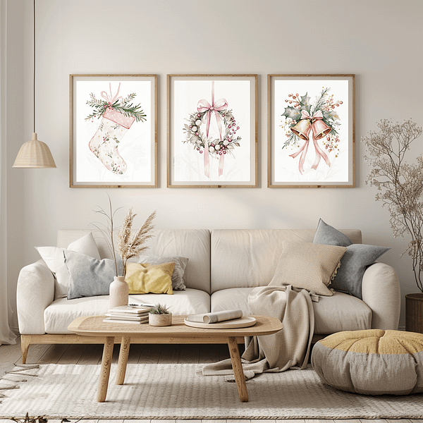 Minimalist Pink Christmas watercolor prints in wooden frames above a sofa with beige and blue pillows, natural decor on a table, and soft neutral tones.