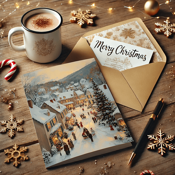 Christmas village art as a card with a gold envelope, festive decorations, cocoa, and a pen on the table. Perfect for holiday greetings.