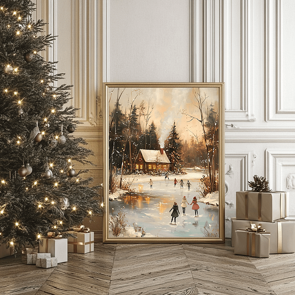 Winter Landscape Art in a gold frame leaning against a wall, next to a Christmas tree with gold ornaments and holiday gifts. Elegant seasonal decor.