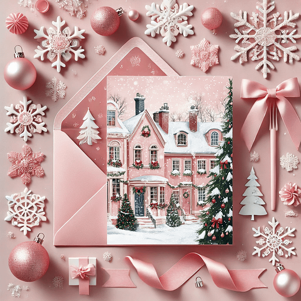 Pink Christmas printable art is shown as a greeting card surrounded by pink snowflakes, ribbons, ornaments, and a matching envelope.