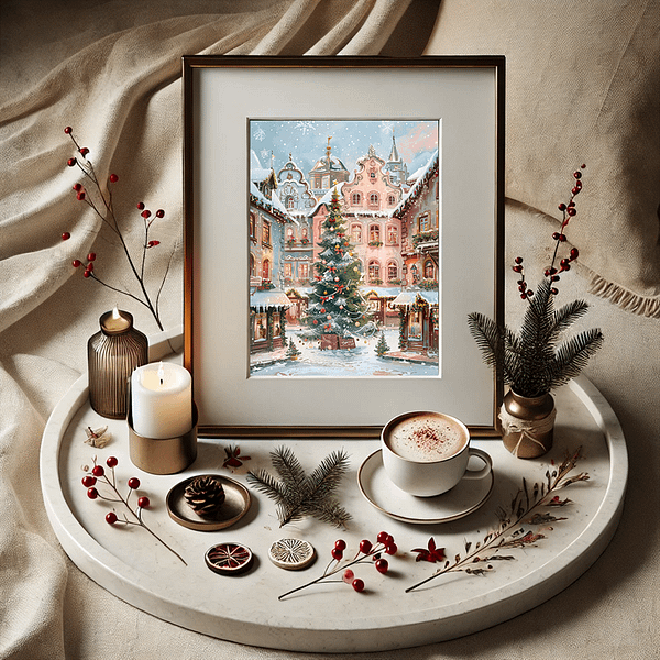 A cute holiday poster of a Christmas town art print framed on a tray with candles, greenery, and a cup of cocoa for a cozy winter setting.