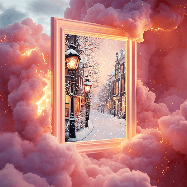 A whimsical scene with a framed winter street view surrounded by vibrant pink clouds. Snow-covered lamps and trees, like unique jewelry, line the street, while warm lights glow against a serene, snowy backdrop. The scene exudes magic and tranquility.