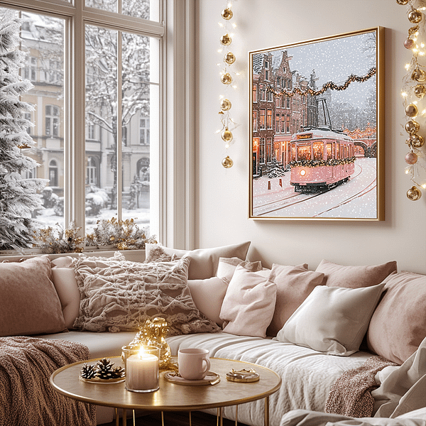 A pastel pink Christmas tram artwork hangs on the wall above a pastel sofa near a window. Soft snowfall is visible outside, creating a serene and festive ambiance.