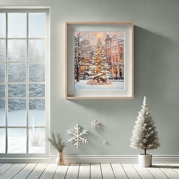 A Pink Christmas Tree Wall Art hanging on the wall beside a door, with snowfall visible outside and warm fairy lights illuminating the scene. A cozy, festive entryway setup with soft holiday charm.