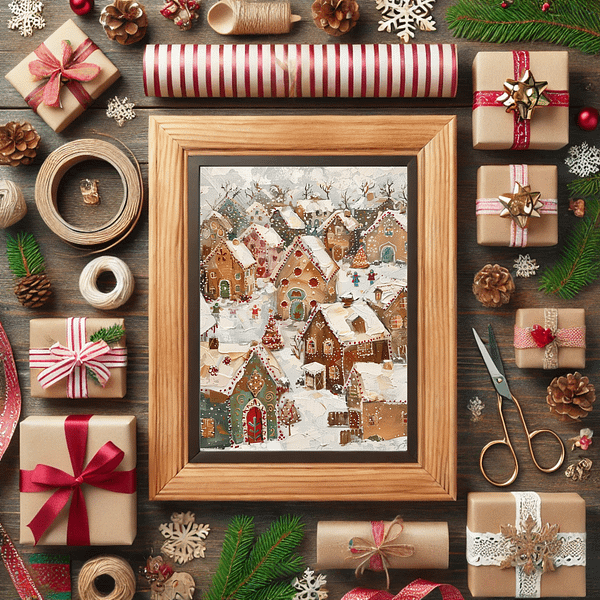 A rustic wooden frame showcases a charming Christmas Gingerbread Village in a festive setting. Beautifully wrapped gifts, pinecones, and holiday ribbons surround it, enhancing the cozy Christmas atmosphere. The warm lighting adds a nostalgic feel.