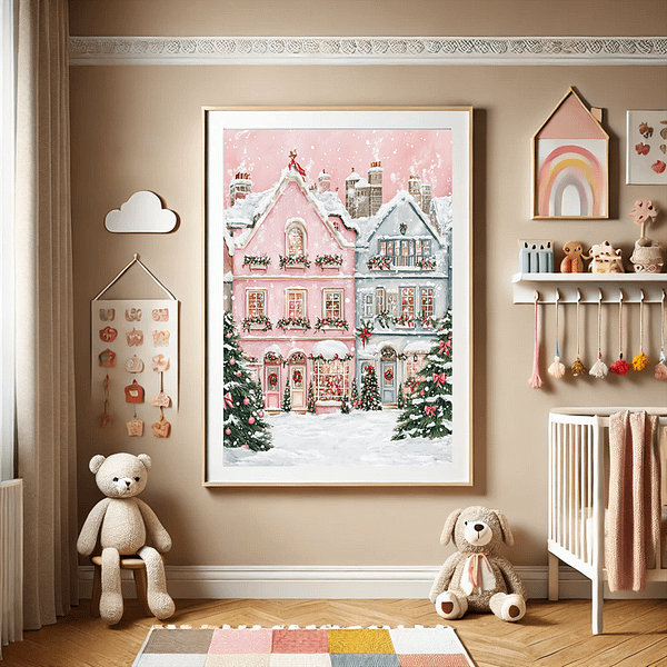 A pink winter village framed on a beige nursery wall with soft toys, a rainbow decoration, and holiday decor for kids.