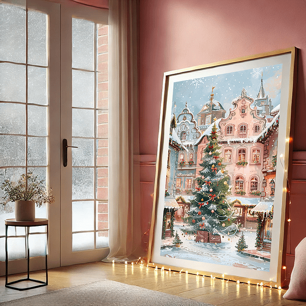 Pink Winter Christmas Village Art Print – Enchant Your Home with Festive Charm