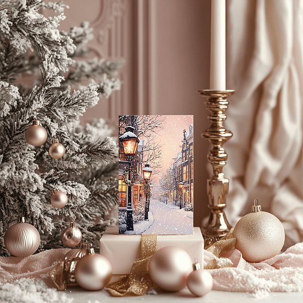 A festive scene with a Christmas card displaying a snowy street, surrounded by a decorated tree adorned with pink ornaments and gold ribbon. An elegant candlestick complements the setup, which rests on soft pink fabric, alongside unique jewelry.