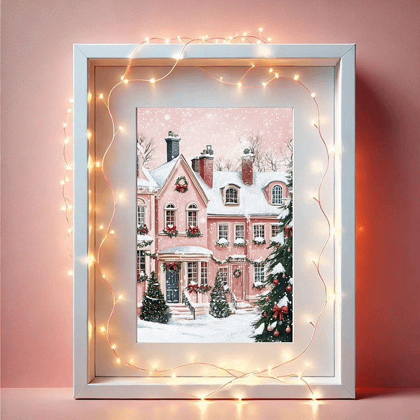 Pink Christmas printable art in a white frame, wrapped in glowing fairy lights, on a pink background.